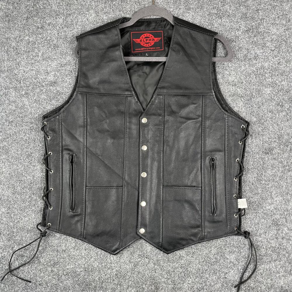 Alpha Cycle Gear Vest Mens Size L Black Leather Motorcycle Biker Lace Side